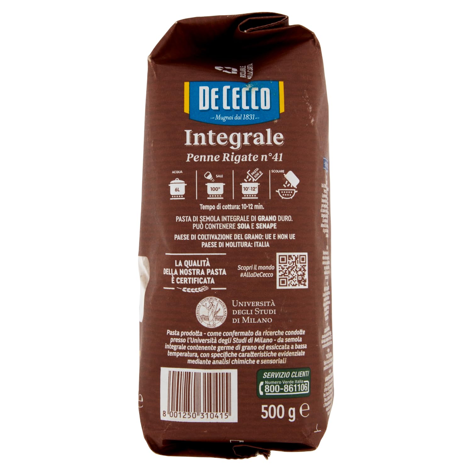 De Cecco Pasta Integral Penne Rigate n°41 – 4 x 500 g – Trigo completo italiano, rico en fibras, secado lento, cocción 12 min (10 min al dente)+ Italian Gourmet polpa 400g