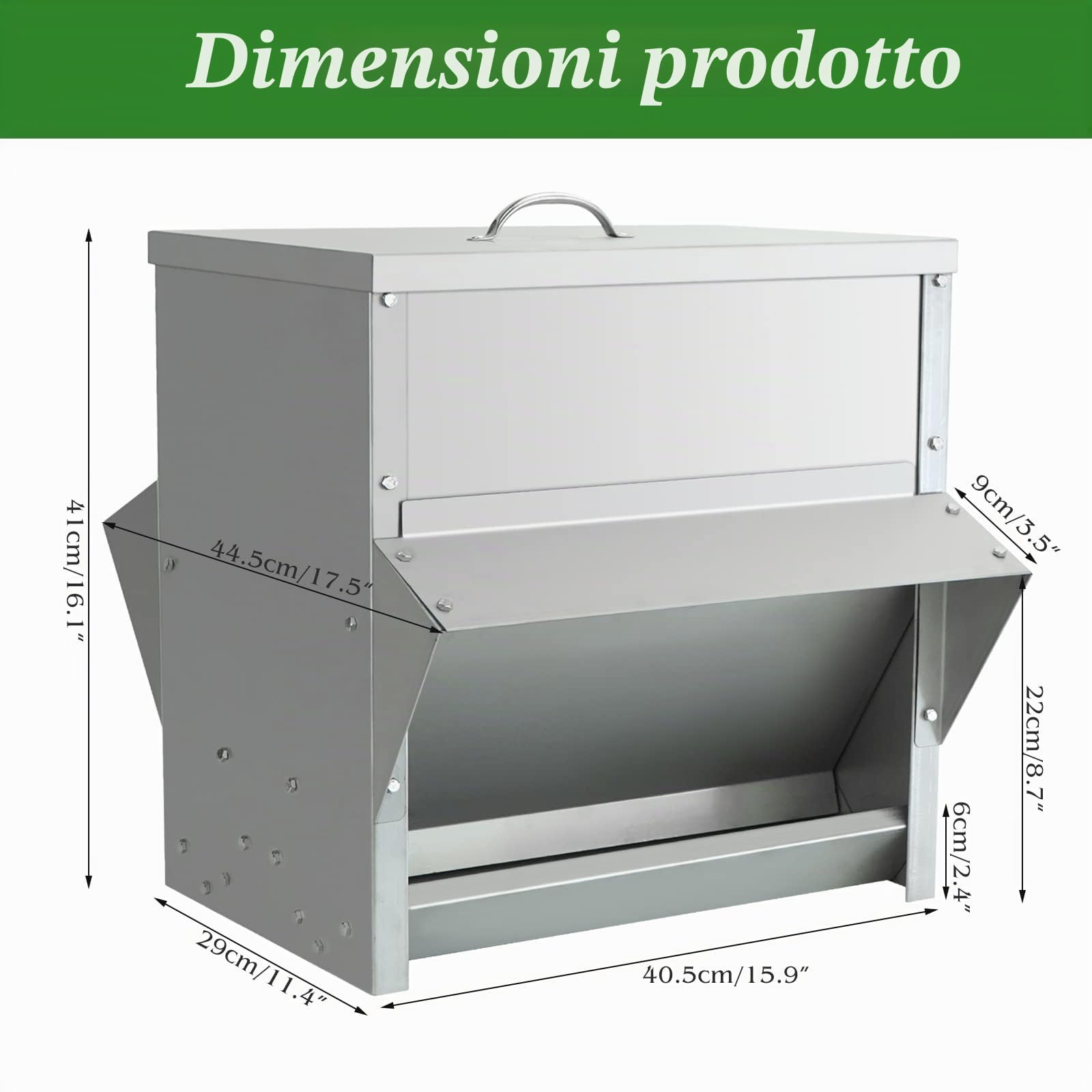 Mangiatoia Galline 25KG Automatica Da Esterno, Mangiatoia Per Polli Antispreco/Antipioggia In Acciaio Inossidabile, 40.5x29x41cm