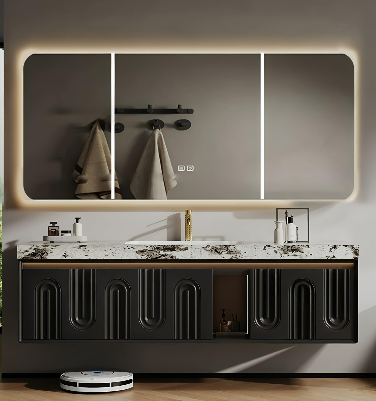 Moderno 56 "Bagno Galleggiante con Lavabo Smart Defog Specchio Marmo Controsoffitto In Legno Massello Sensore Sto Luce Nero h -Home Aggiornamento