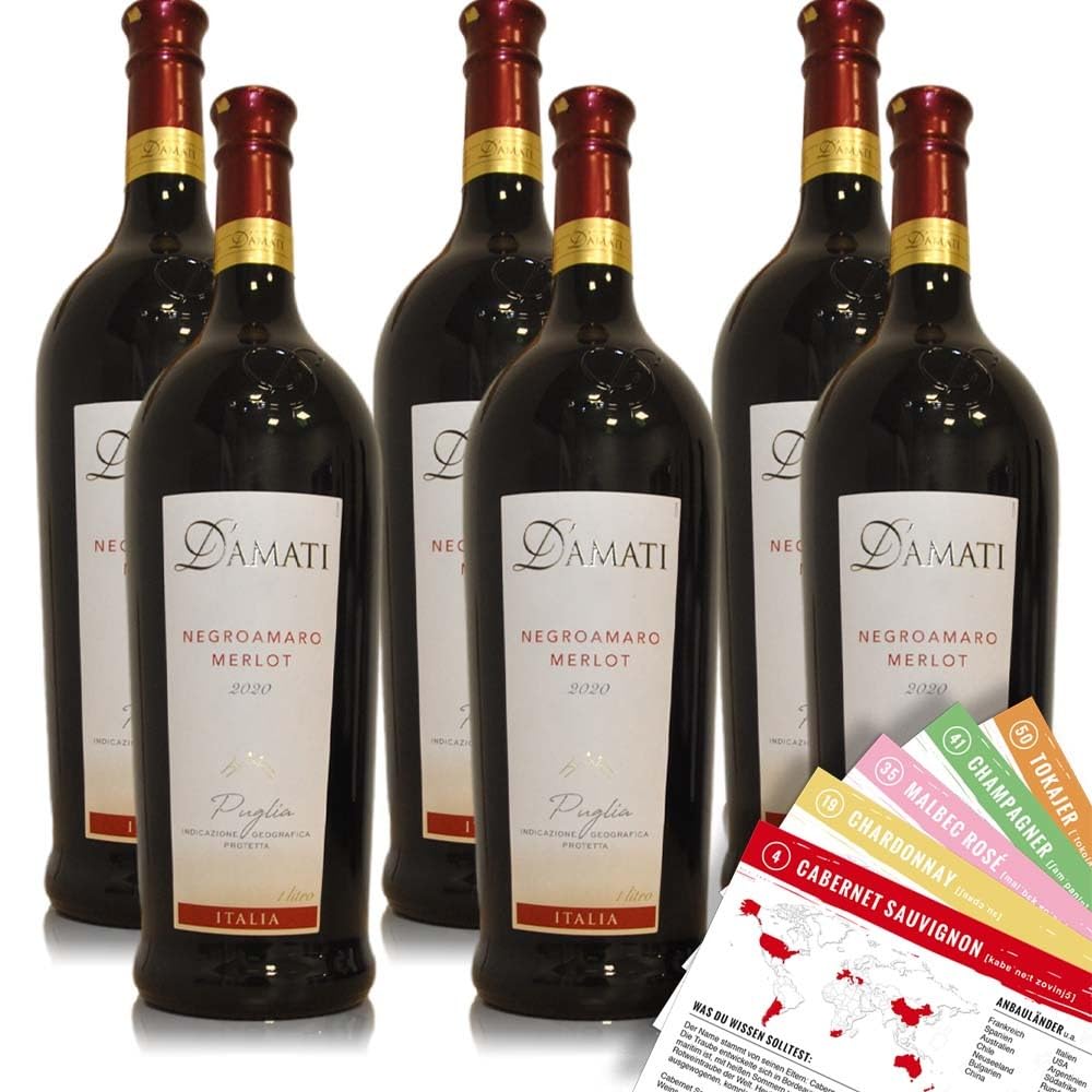 D'Amati Negroamaro Merlot Puglia, trocken, sortenreines Weinpaket + VINOX Winecards (6x1,0l)