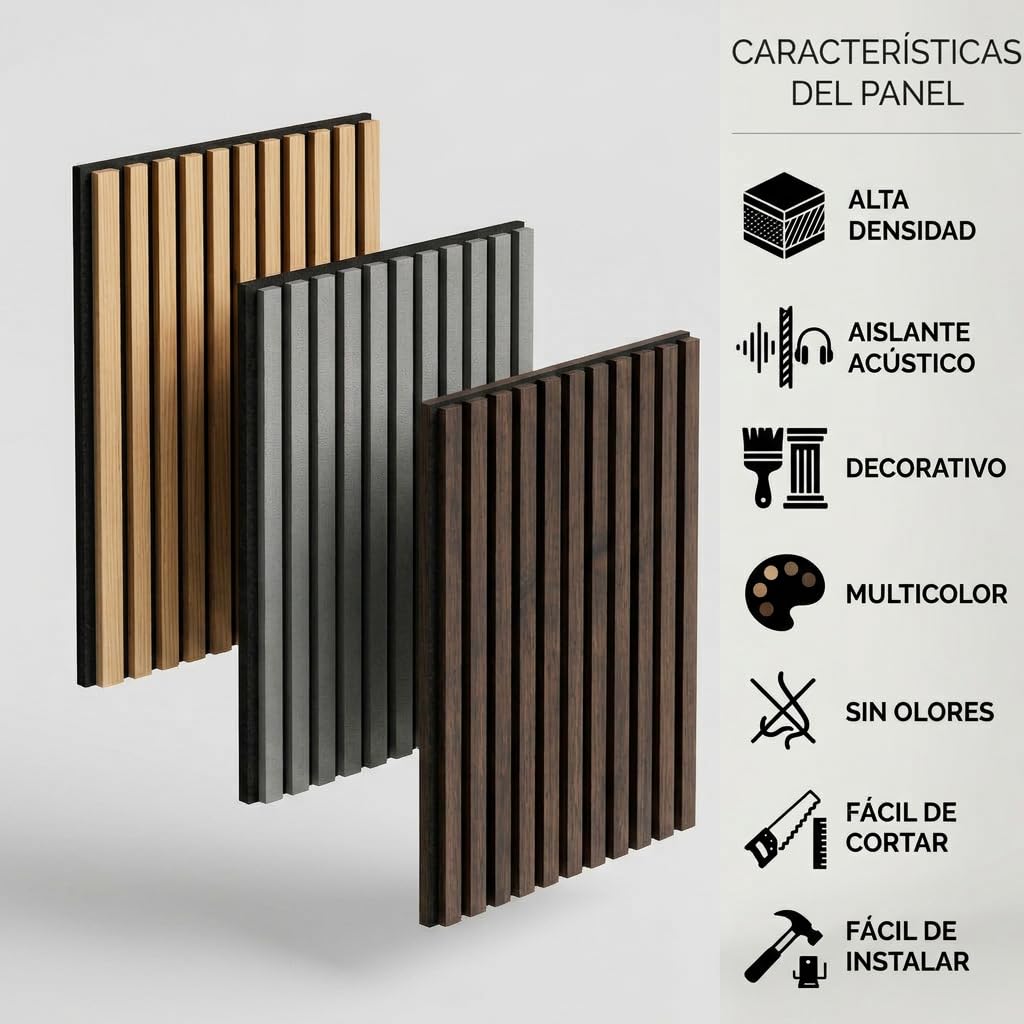 Ediesi, Paneles Acusticos Decorativos 120x60 cm, Revestimiento de Pared en Madera con Listones, Aislante de Ruido, Diseño Moderno para Salon, Oficina o Estudio (Gris, 4 Unidades)