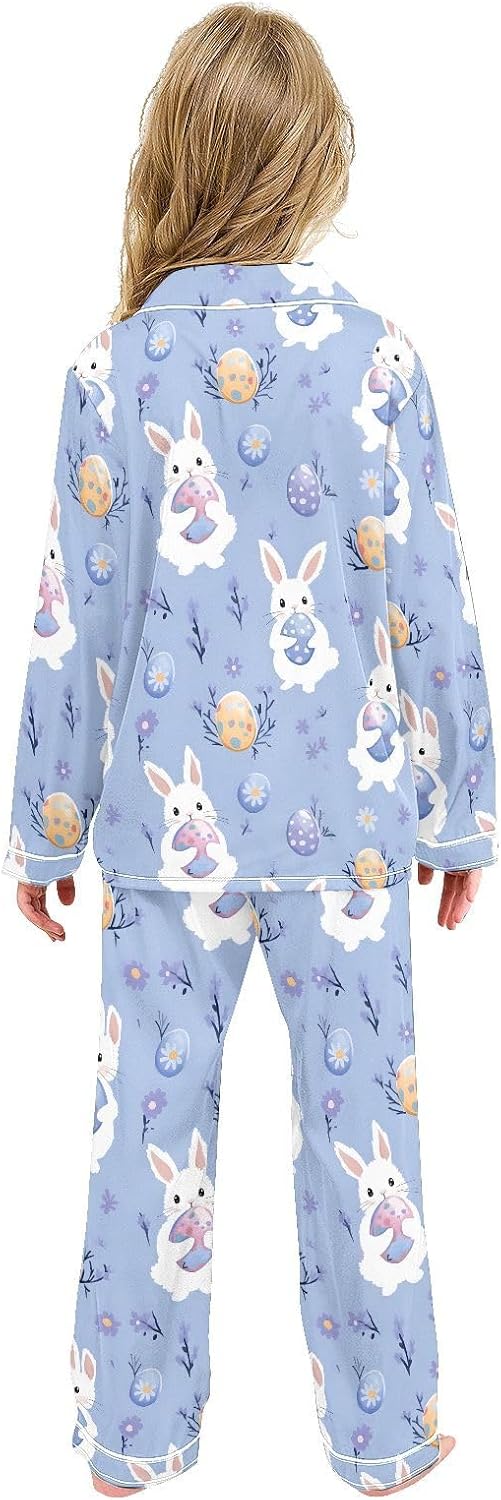 senya Rabbit Holding Egg Flower 1 Satin Pajama Sets Long Sleeves Nightwear Button Down Sleepwear