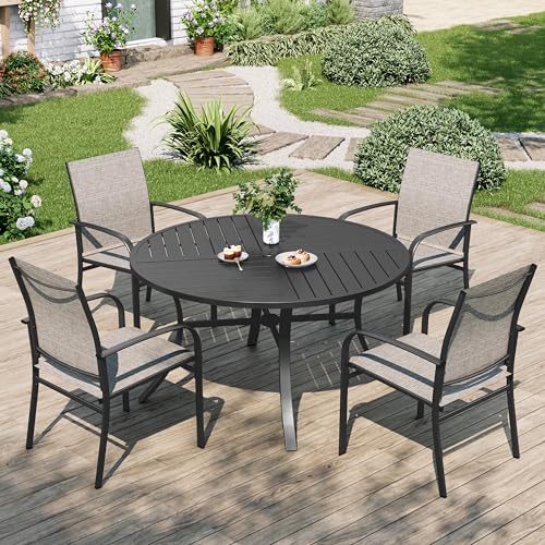 Image of MIXPATIO Patio Table and Chairs Set for 4, 5 Pieces Outdoor Dining Set, 4 Brown Textilene Chairs and 42 inch Metal Round Table with Umbrella Hole, for Deck Garden Backyard Lawn Poolside