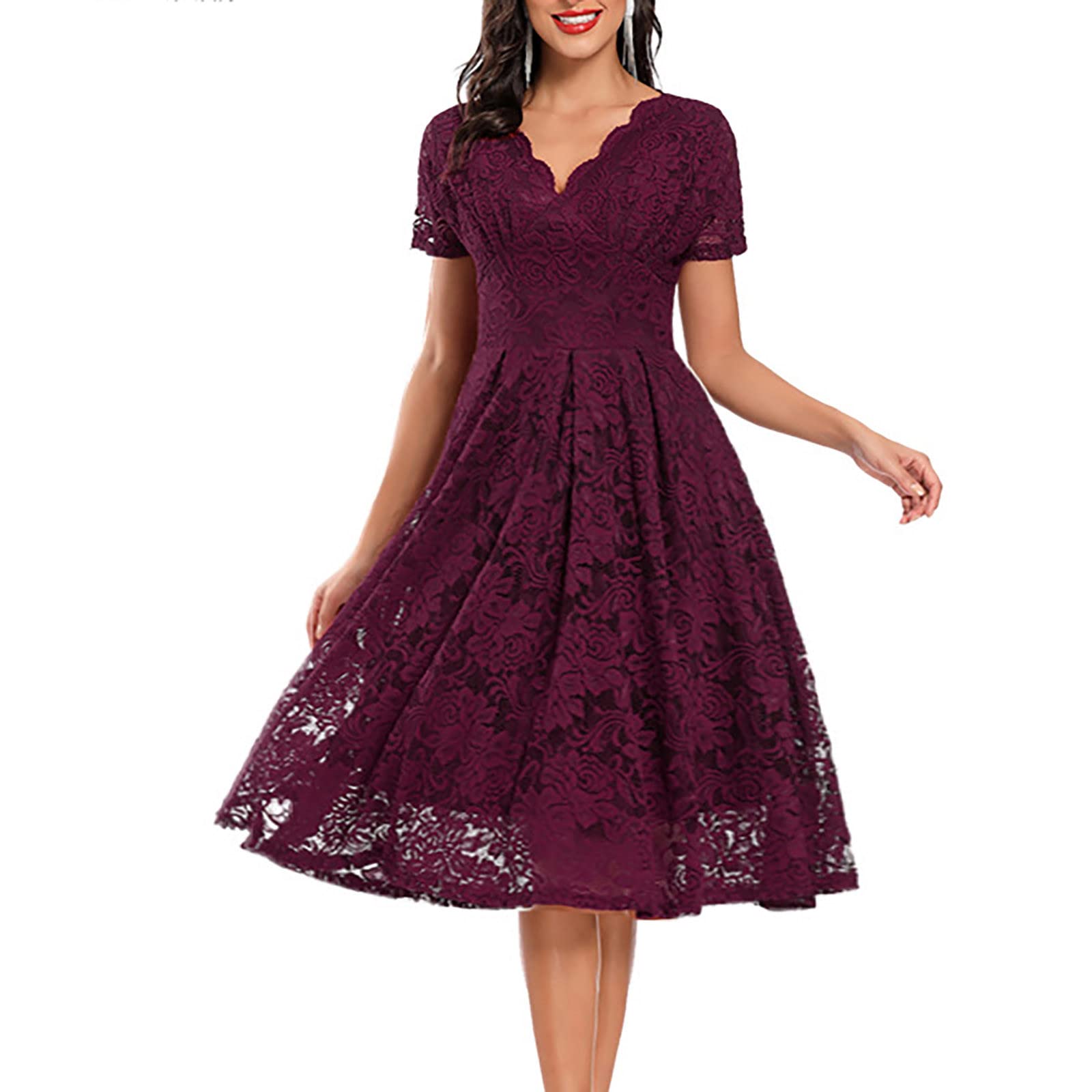 Kleid Hochzeitsgast Damen Lang Spitze mit Ärmel Festliche Kleider Für Damen Hochzeit Midi Sommerkleid V Ausschnitt Elegant Midikleid A Linie Schwingen Sommerkleider Leicht Und Luftig Abendkleid