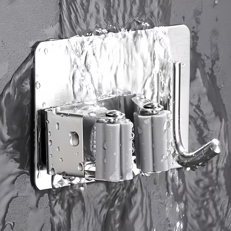 Image of Kmils Self Adhesive Mop Holder Wall Mount, Stainless Steel Broom Holder with Hook, No Drill Wall Organizer for Mop, Broom, Bathroom, Kitchen & Laundry Room (Silver, Pack of 4)
