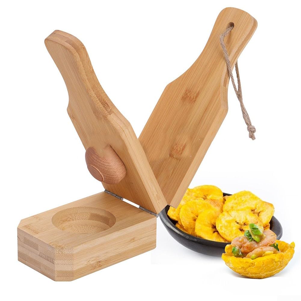 Presse à plantain Tostonera en bois - Design 2 en 1 - 16 x 6 x 6 cm - Facile à utiliser - Bois écologique - Pour faire des tostones et des copeaux de plantain