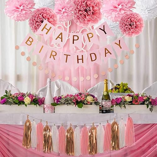 Miniatura 6 de Juego de decoraciones de fiesta de cumpleaños de oro rosa rosa con pancarta de feliz cumpleaños, pompones de papel de seda, guirnalda de puntos