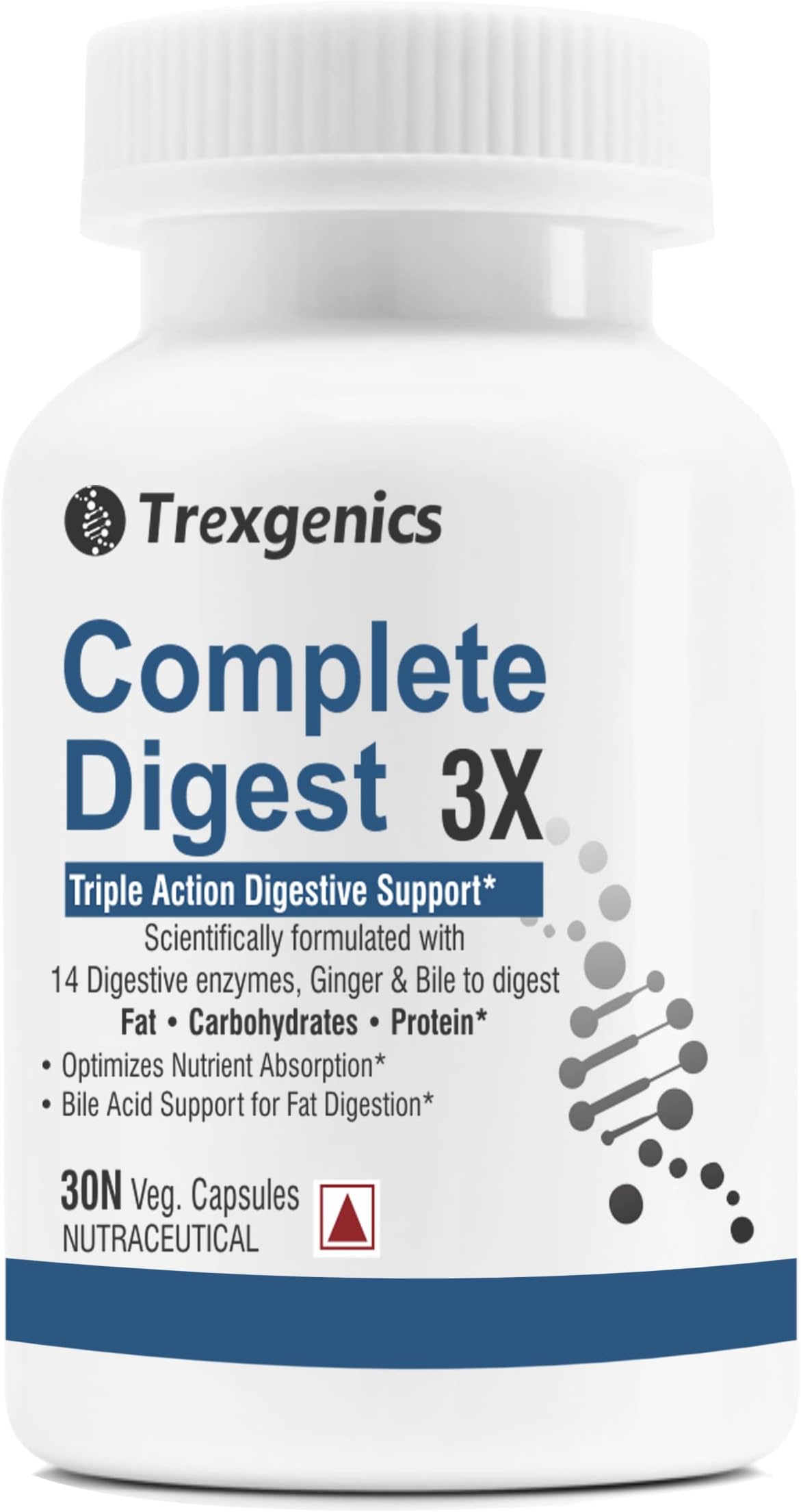 Trexgenics COMPLETE DIGEST 3X, Triple Action Digestive Support for Fat, Carbohydrates & Protein, Lactose and Fibers with 14 Enzymes, Ginger and Bile Cholic acid (30 capsules) (Pack of 1)