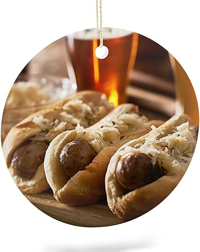 Chucrut Bratwurst Adorno redondo de cerámica para árbol de Navidad colgante decoración de inauguración de la casa, regalo de inauguración de la Chucrut Bratwurst Adorno redondo de cerámica para árbol de Navidad colgante decoración de inauguración de la casa, regalo de inauguración de la