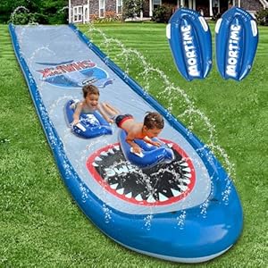 MorTime Slip Water Slide with Sprinklers, 22.5ft Shark Waterslide Slip and Slide with 2 Inflatable Bodyboards for Kids Garden Backyard Lawn Outdoor Water Toy