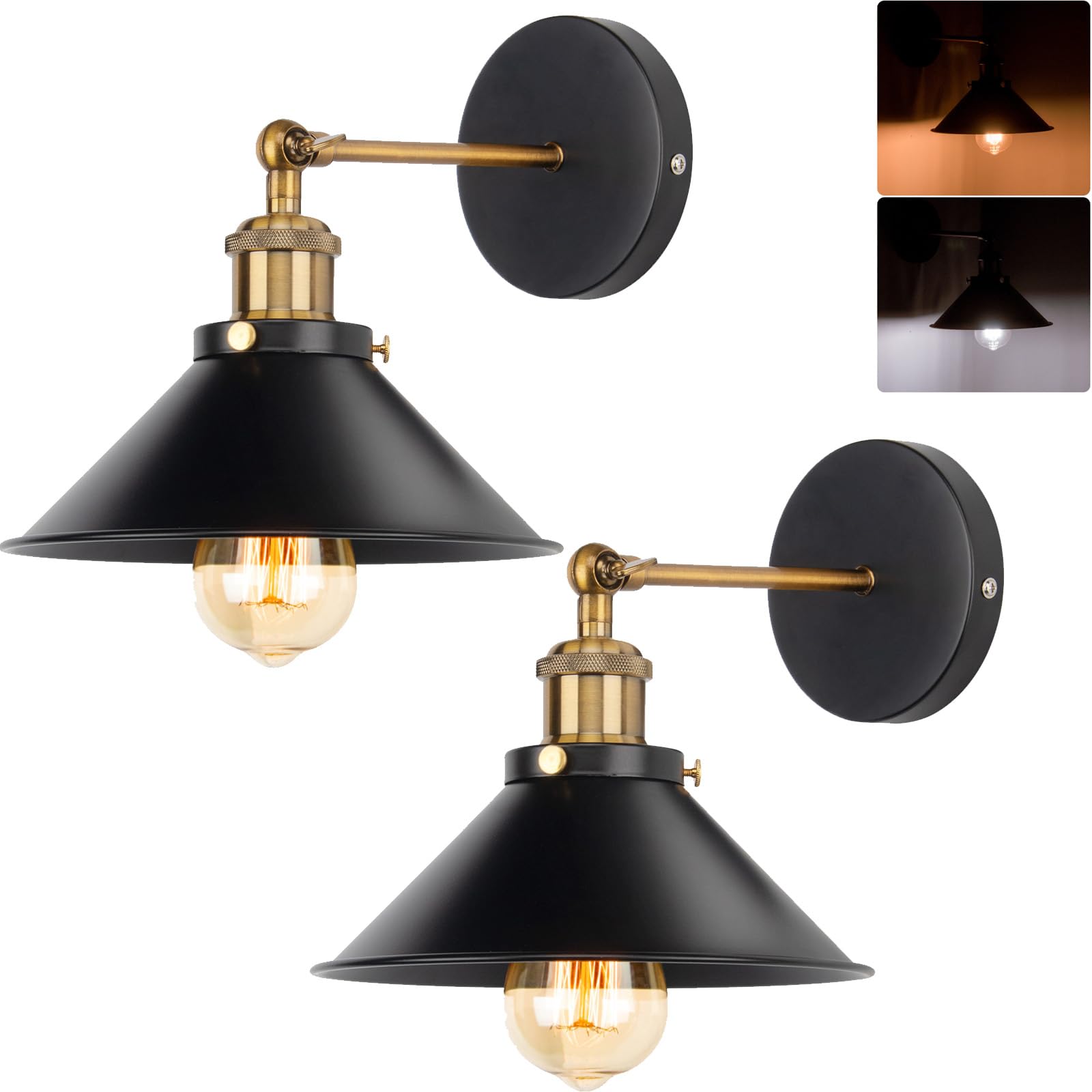 FIRVRE Wandleuchte Industrial mit Schirm, Wandlampe Innen Schwarz E27 Industrial Style, Wandlampe Rustikal Vintage Einstellbarer Lichtkopf für Schlafzimmer, Wohnzimmer, Treppen, Flur(2er Pack)