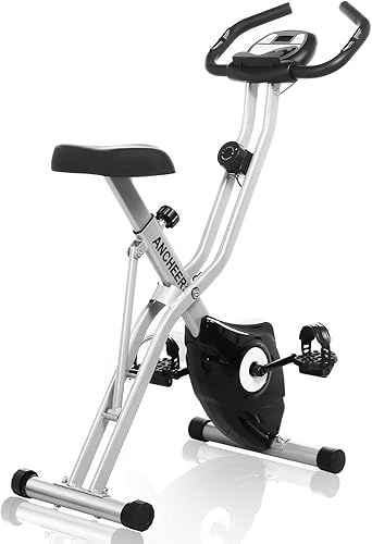 ANCHEER Bicicleta estática de resistencia magnética bicicleta vertical plegable para interiores con programa de aplicación bicicleta de