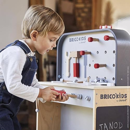 Miniatura 3 de Janod Brico'Kids J06476 - Banco de trabajo de madera reversible, tablero de herramientas magnético de 30.5 pulgadas, juego de doble cara, incluye 34