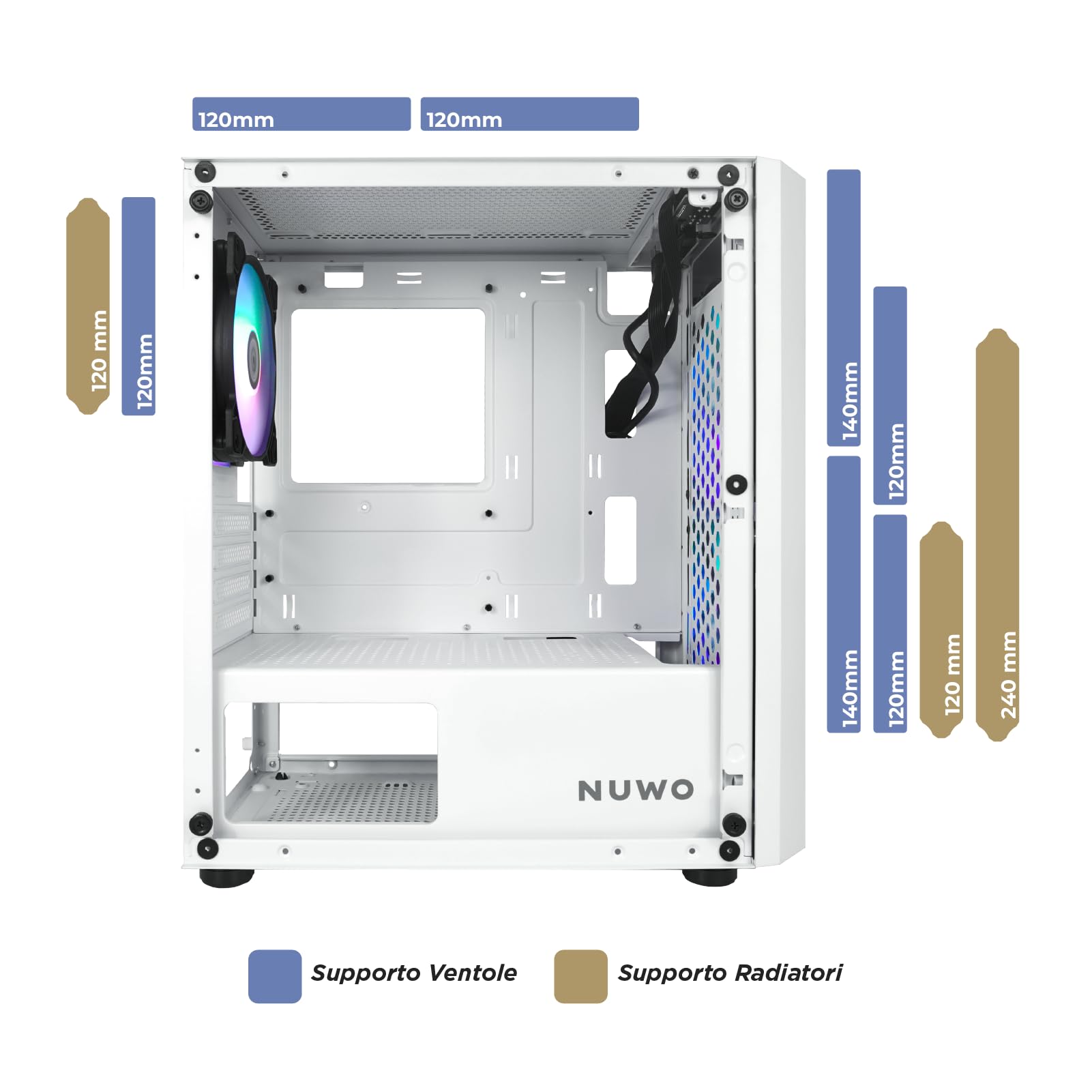 Nuwo Blitz R25 Case Gaming PC Micro-ATX Mini Tower Bianco | 3 Ventole RGB Rainbow | Vetro Temperato Laterale | AIO 240mm | GPU 270mm | Mini-ITX