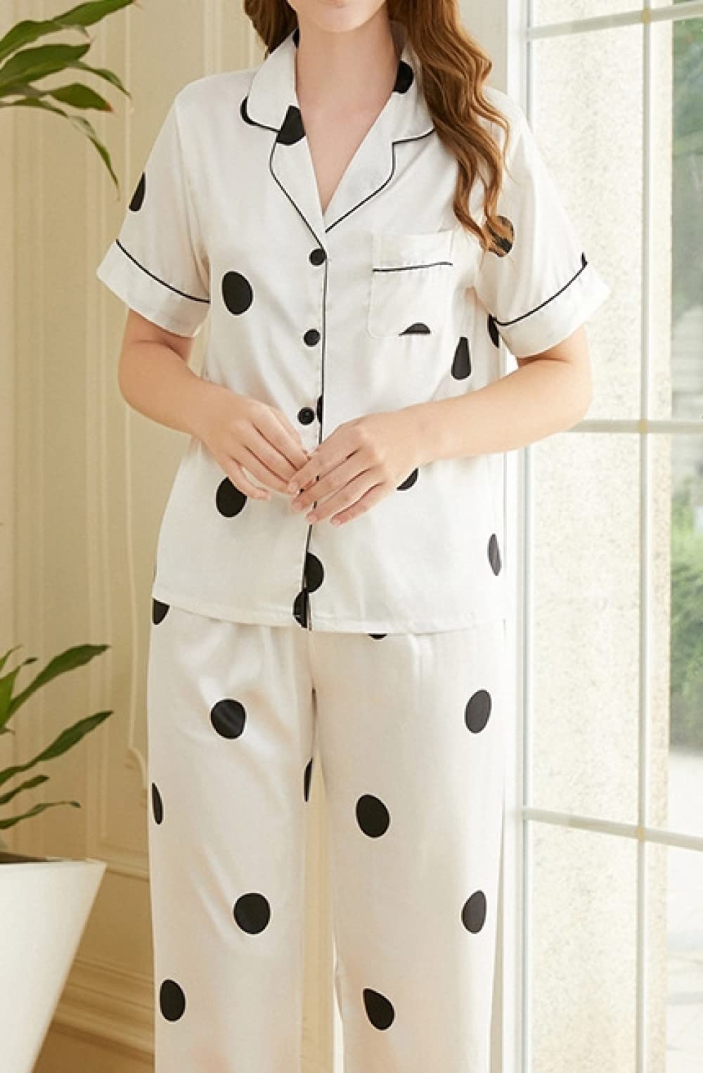 Pijama De Mujer Manga Corta,Pantalones De Manga Corta Con Lunares Blancos Pijama De Verano Para Mujer Conjunto De 2 Piezas Pijama De Moda Suave Ropa De Salón Regalo Del Día De La Madre Para Esposa