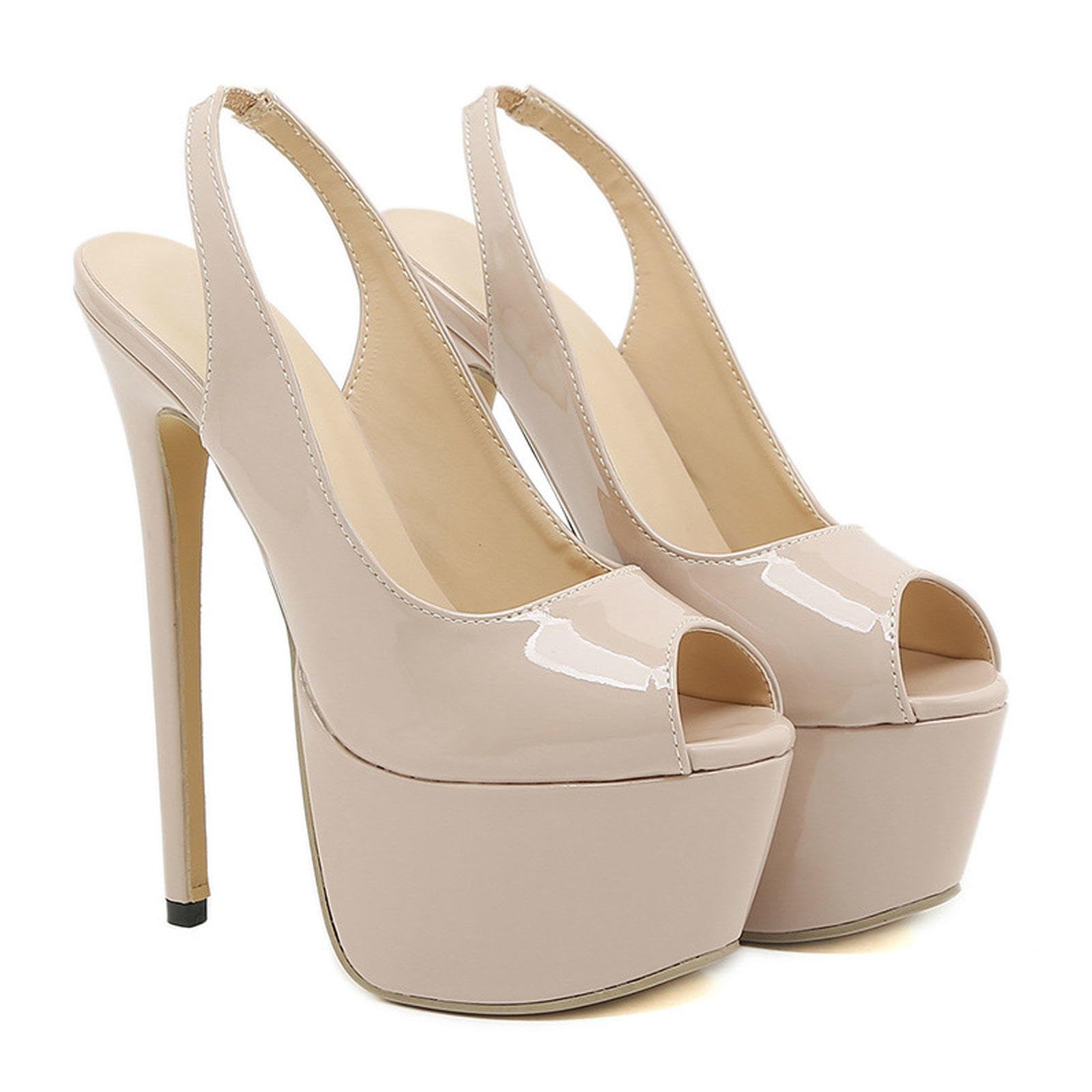 High Heels Damen Plateau Sandalen mit Offener Spitze Stiletto Slingback Pumps Elegante Partyschuhe 16cm,Apricot-37