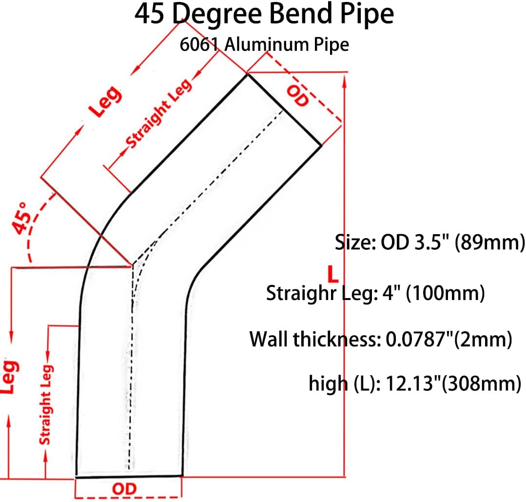 3.5" (89mm) OD 45 Degree Aluminum Elbow Pipe Intercooler Pipe Air Intake Tube, 1.5D Radius, Aluminum Alloy Tube High polished (45 Degree, OD 3.5" (89mm))