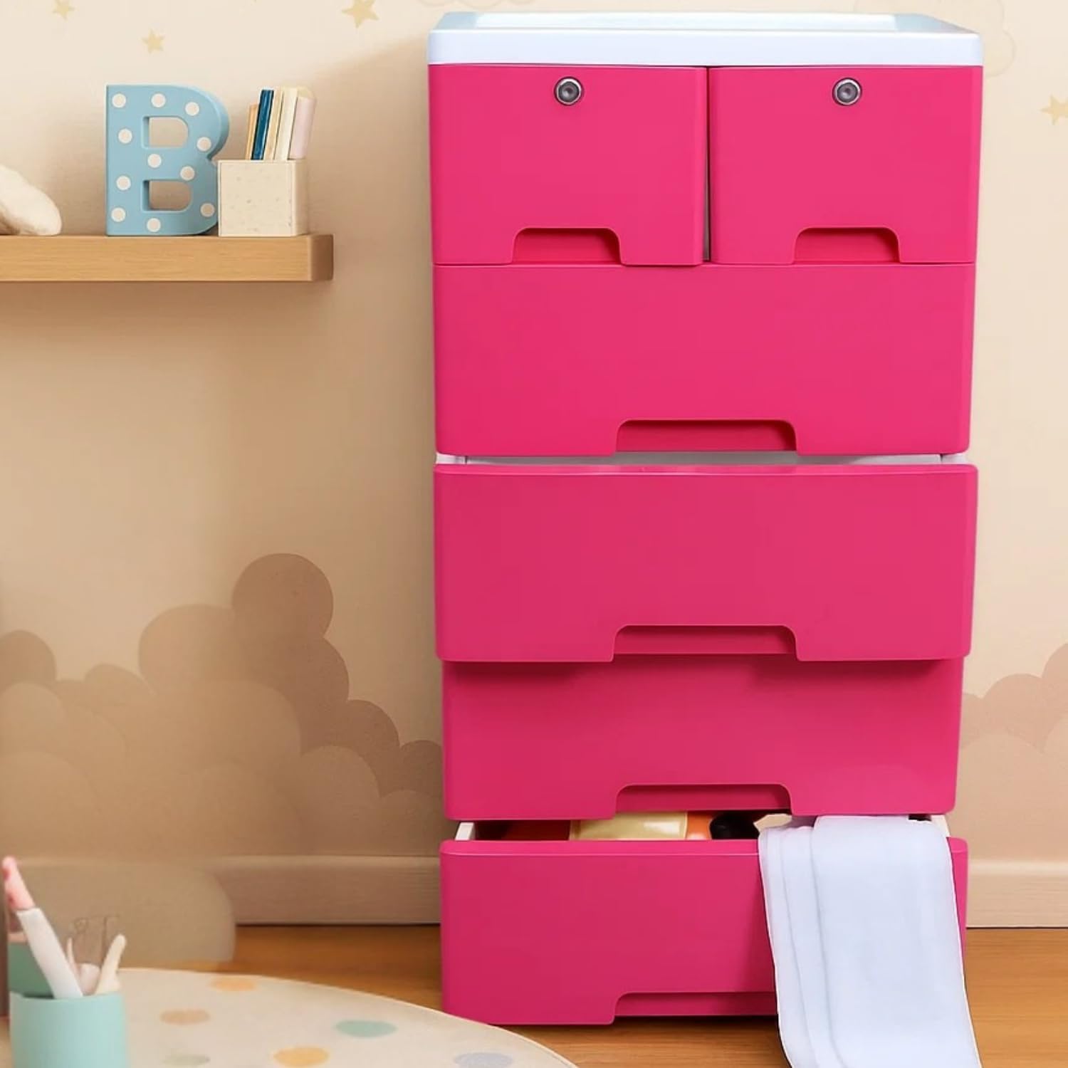 The Tickle Toe 6-Drawer Glossy Plastic Chest for Kids | Dark Pink Storage Organizer with Locks | Portable Child-Safe Cabinet for Clothes & Toys | 44L x 28.5W x 82H cm | Made in India