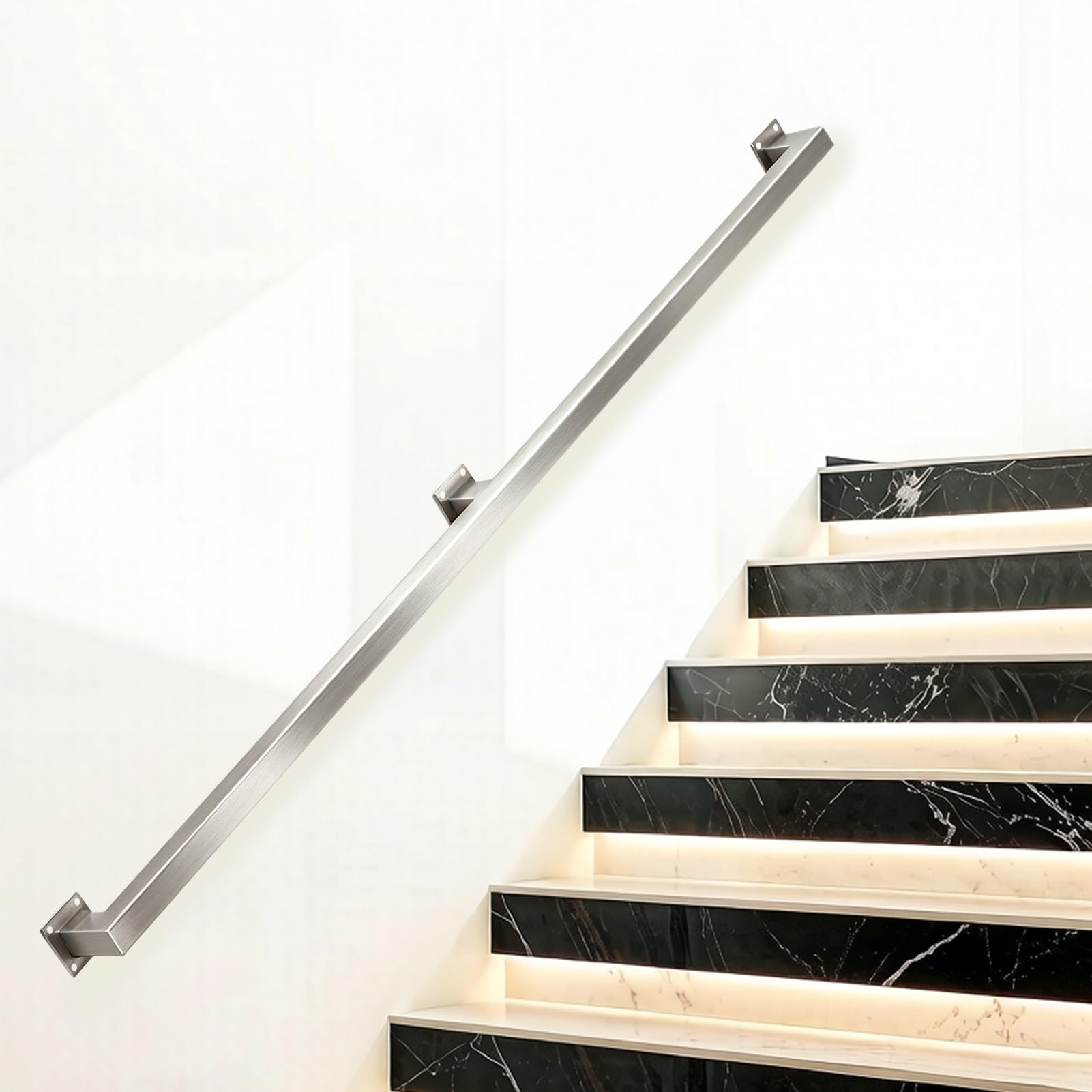 Stainless Steel Handrail Square Tube Balance Assistance Sturdy Stair Railing Fall Prevention for Disabled Seniors Pregnant Women Kids Handicap Grab Bars(14ft/420cm)