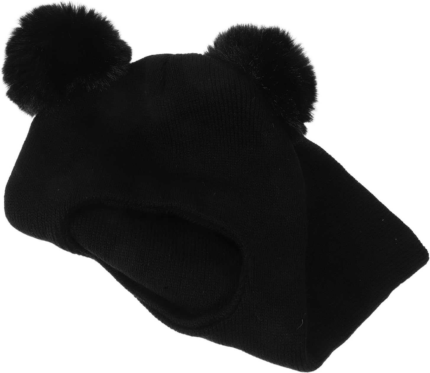 Integrated Earflap Hat Black Acrylic Fibres Double Pompom | Autumn Winter Outdoor Wear, High Elasticity and Soft Cozy Feel, Minimalist Solid Color Style for Boys and Infants
