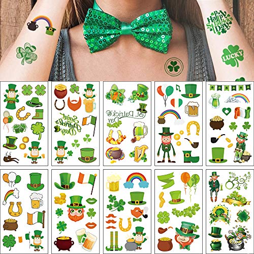 St. Patrick's Day Decorations Tattoos Shamrock Irish Flag Temporary Tattoo Pot of Tattoos for St patricks Party Favor Decor Supplies for Man Women Kids Gift-10 Sheets