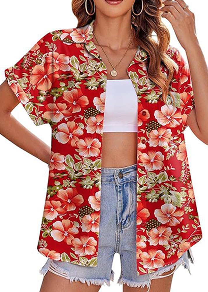 Camicia Donna Manica Corta Hawaiana Con Stampa Floreale, Scollo A V, Morbida E Leggera, ORANDESIGNE - 2
