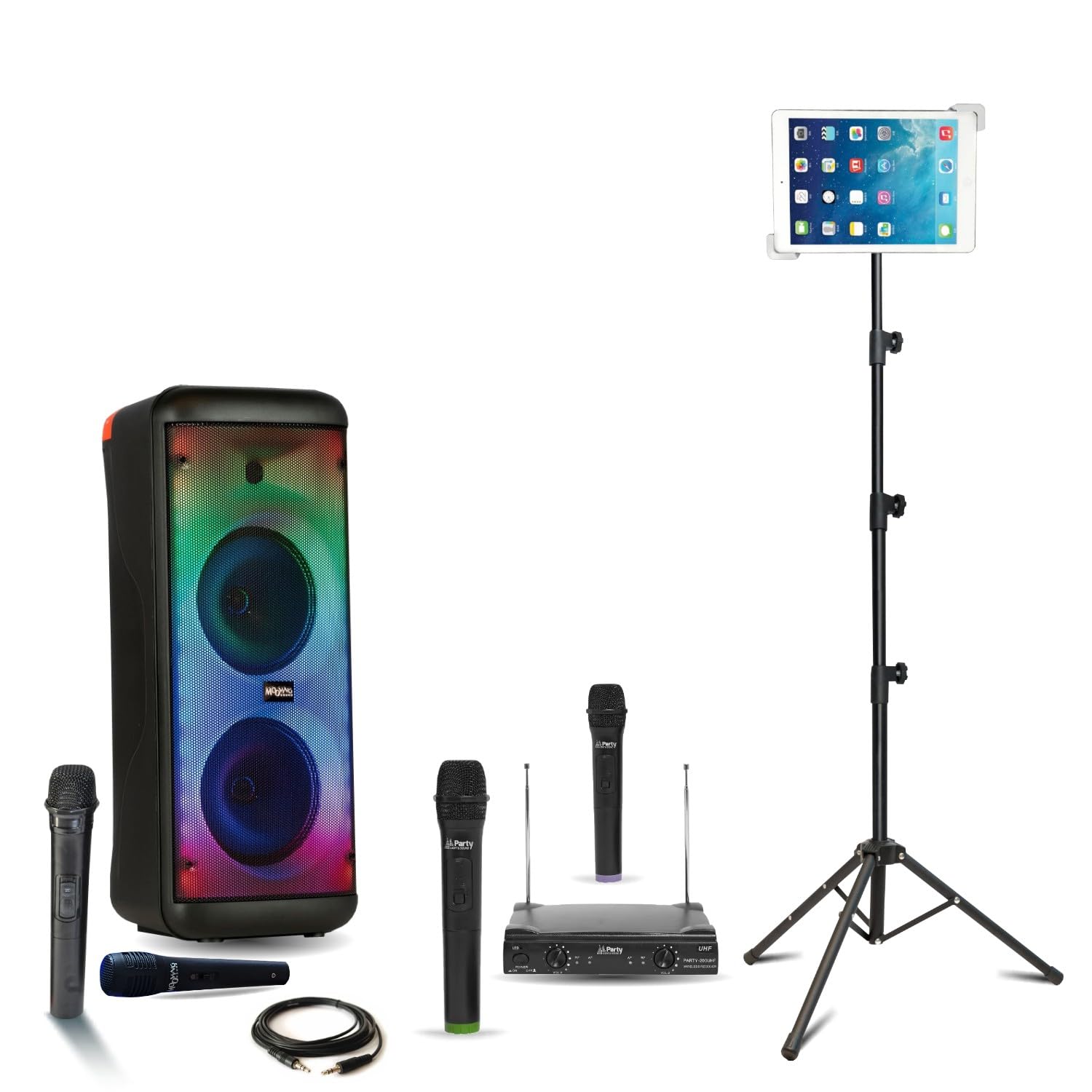 MOOVING LIGHT & SOUND - Pack Enceinte 600W Karaoke sans Fil Bluetooth USB Mooving ELECTRO-SOUND600 4 micros - Support Tablette SMM20 - Soirée Anniversaire