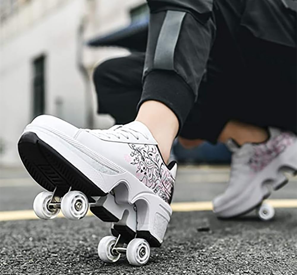 Roller Skate Shoes for Women, Double-Row Deform Quad Roller Skates, Automatic Walking Shoes Detachable Roller Skate, Shoes with Wheels for Girls Boys, Skating Shoes Unisex