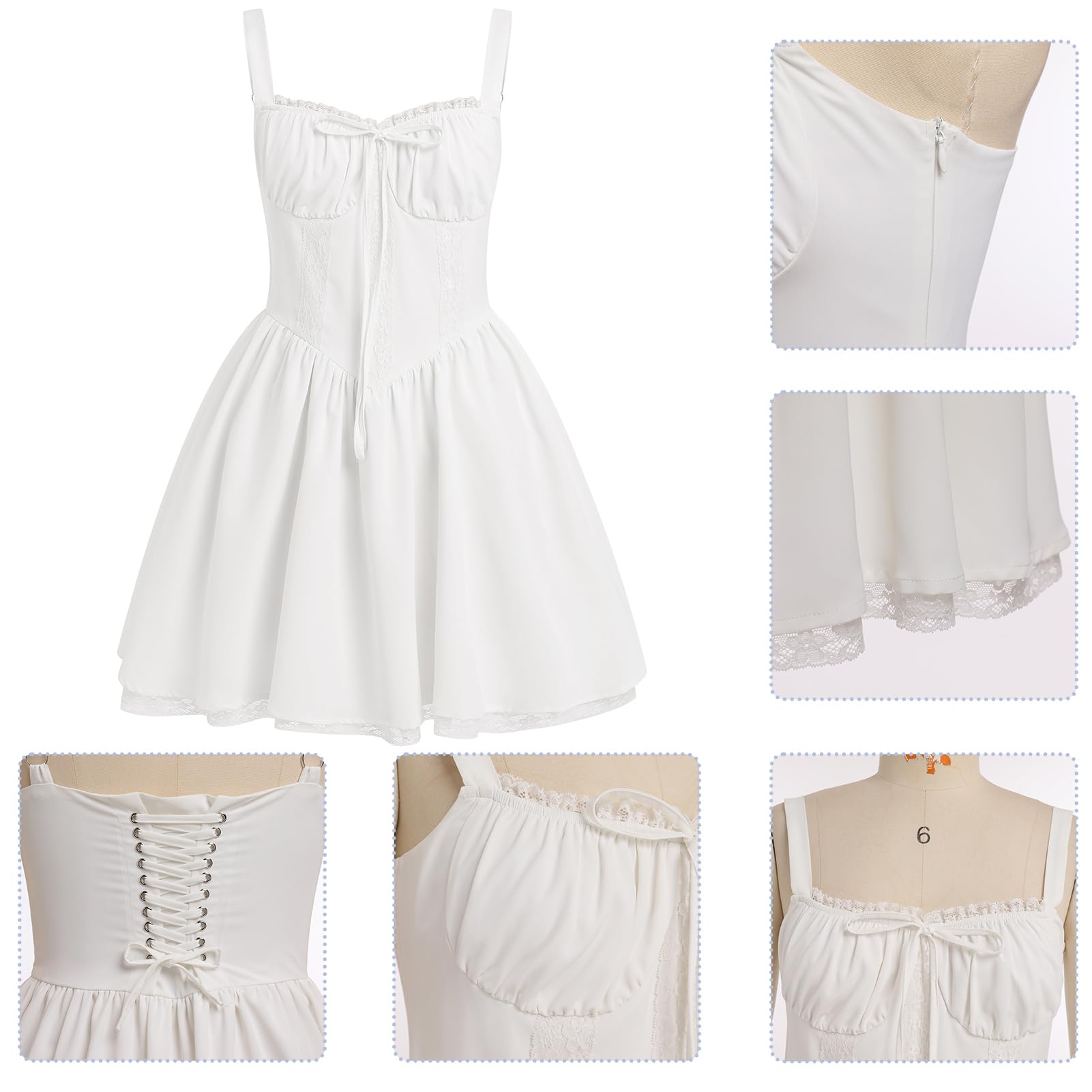 Women's Short Corset Sundress Boho Mini Dress Sleeveless Backless Low Cut Lace Dress Summer: Medium White