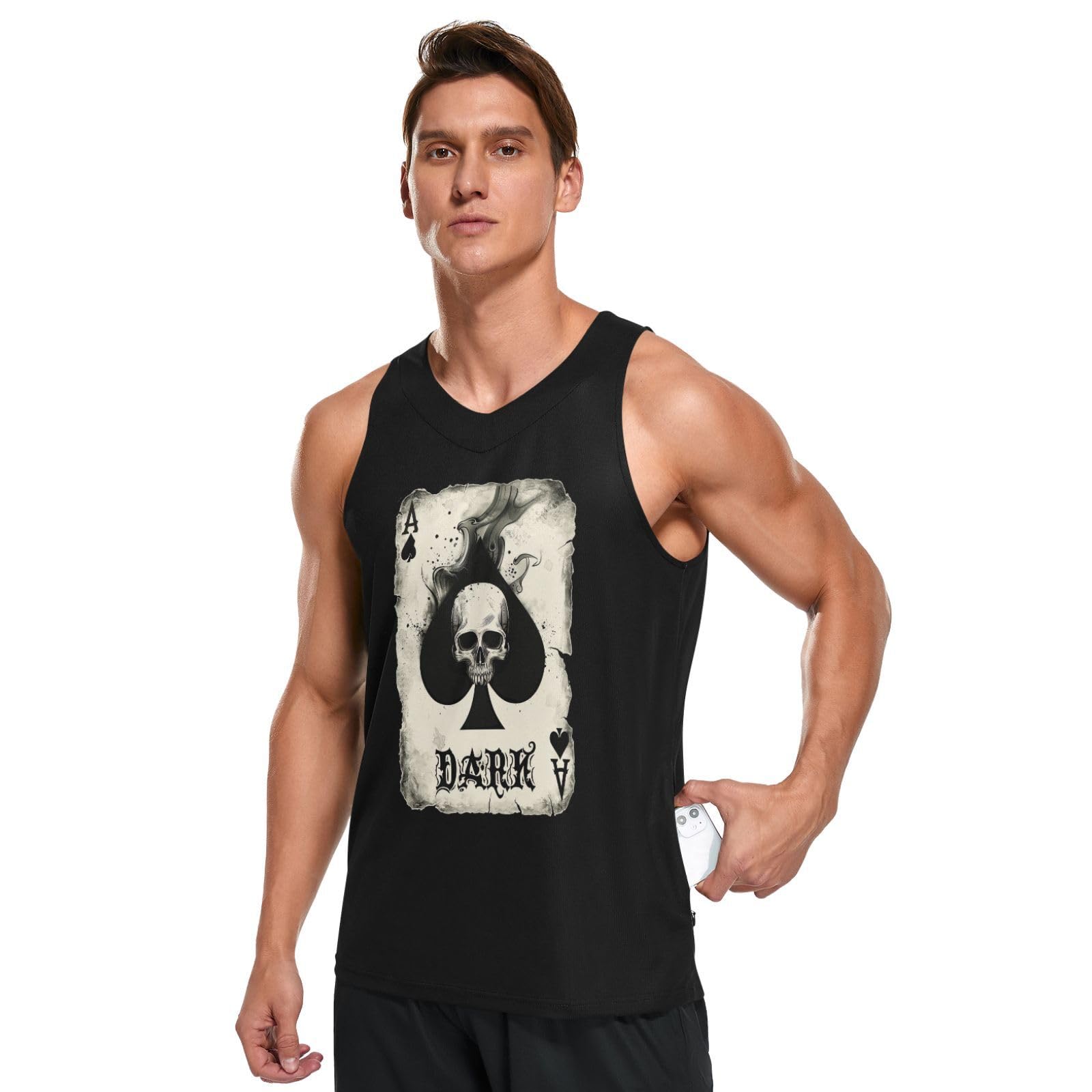 JHKKU Men's Quick Dry Sports Tank Tops for Gym Athletic Fitness Running Workout Beach Sleeveless Shirts with Pocket, Ace of Spades Skull, XL