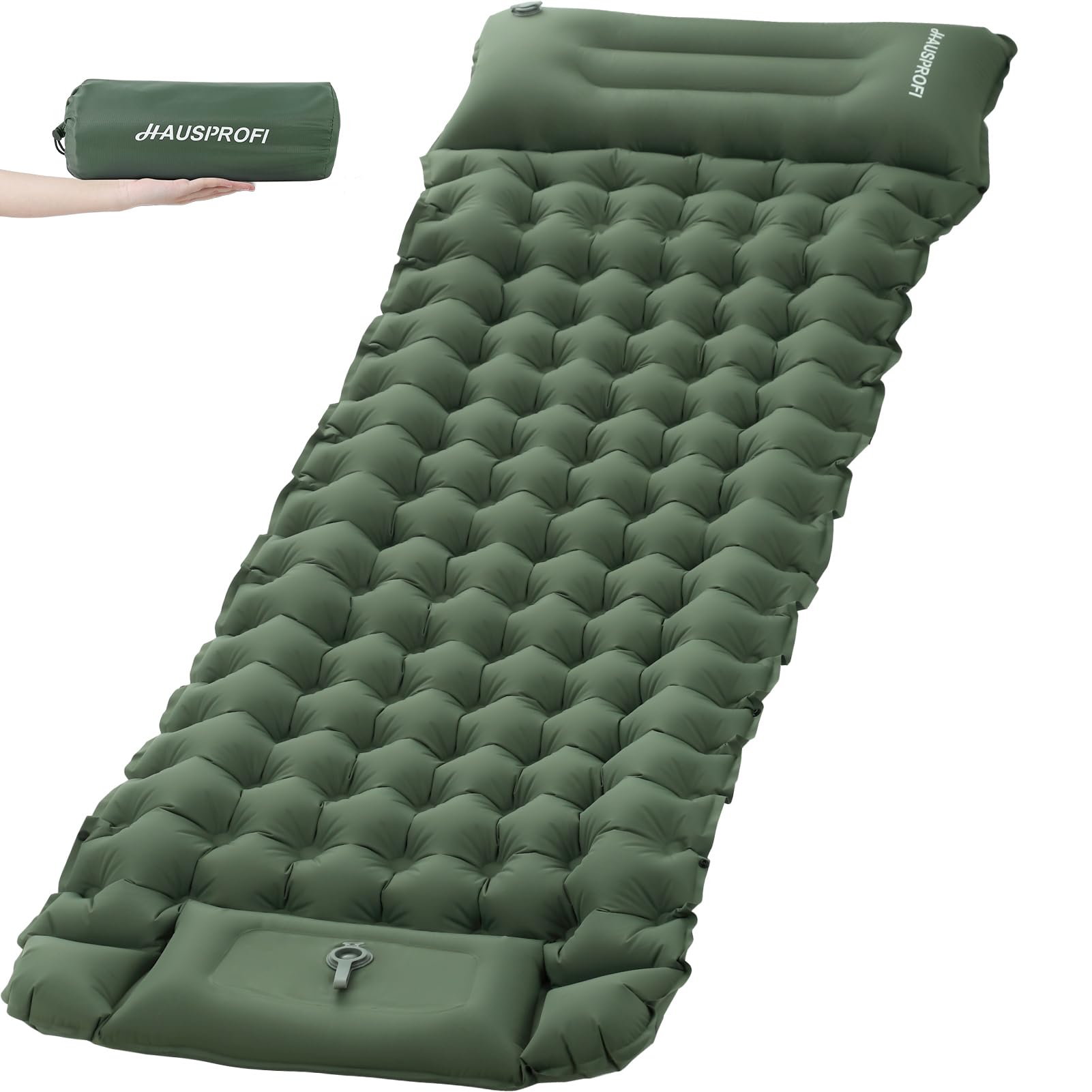 HAUSPROFI Materassino ad aria, 10 cm, ultraleggero, materassino da campeggio, materassino gonfiabile, materasso ad aria con pompa a pedale e cuscino, per esterni, verde militare