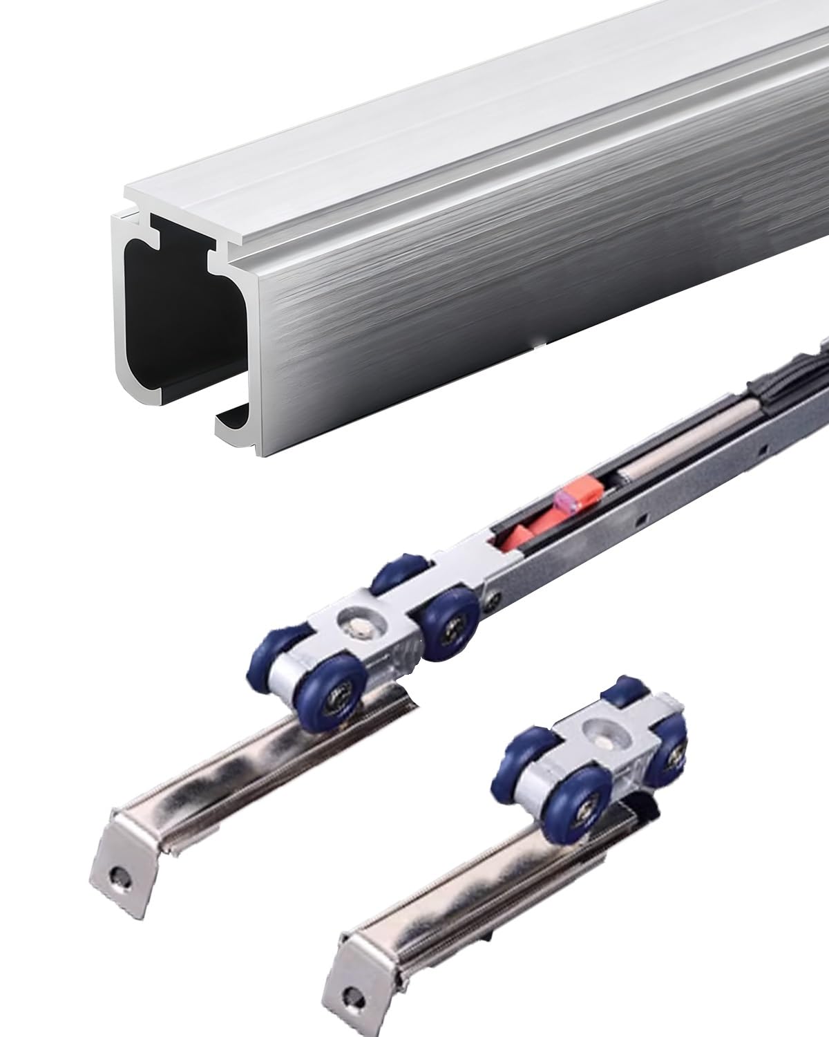 Kit porte coulissante argenté à fermeture amortie anti-claquement