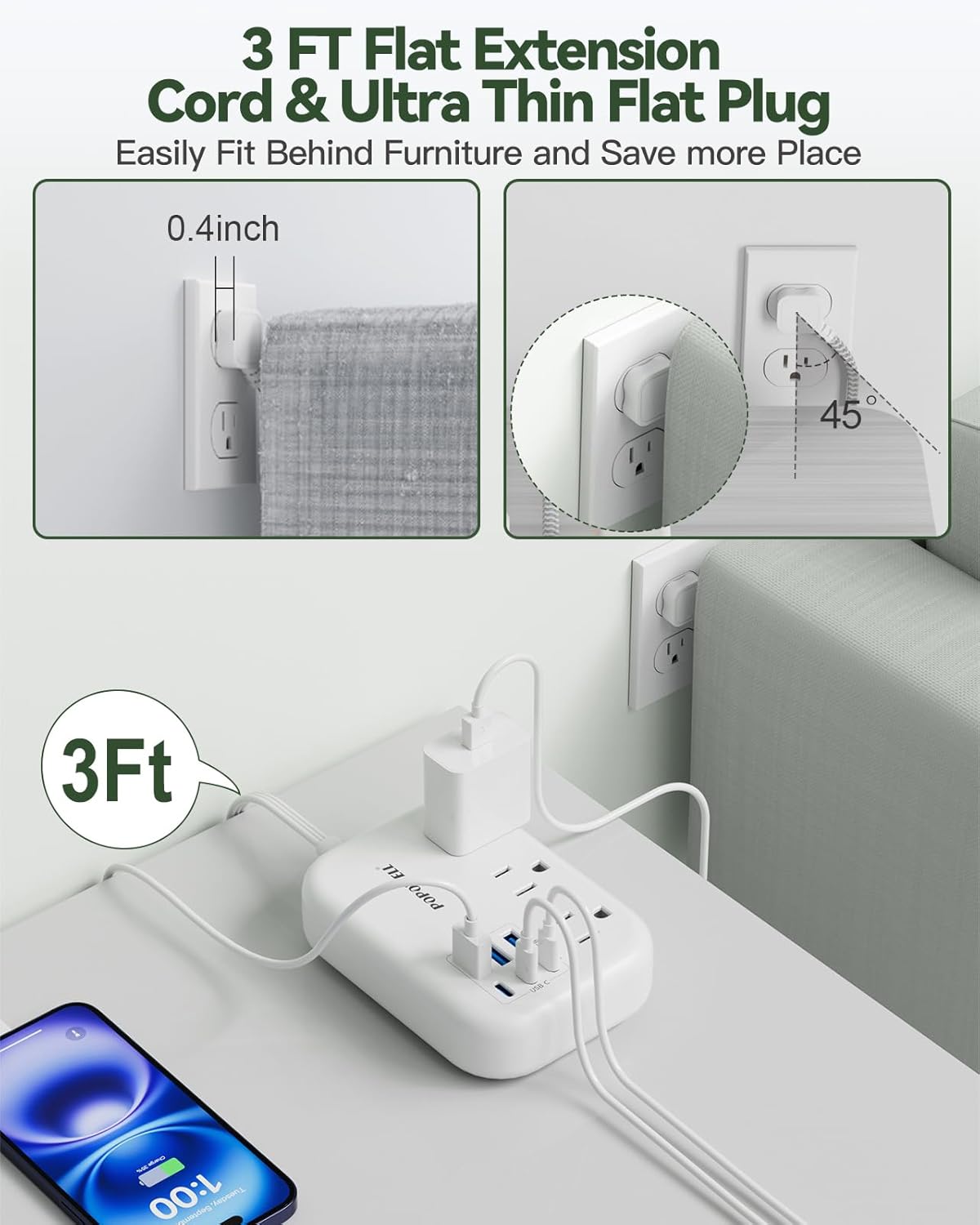 3 FT White Extension Cord, Small Flat Plug Power Strip with 6 USB Wall Charger (4.8A 24W), 3 Prong Mini Charging Station, Short Outlet Extender with 3 Outlets for Indoor Office Home Cruise Essential.