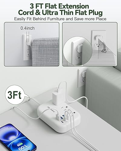 Miniatura 4 de Cable de extensión blanco de 3 pies, tira de alimentación de enchufe plano pequeño con 6 cargadores de pared USB (4.8 A 24 W), mini estación de