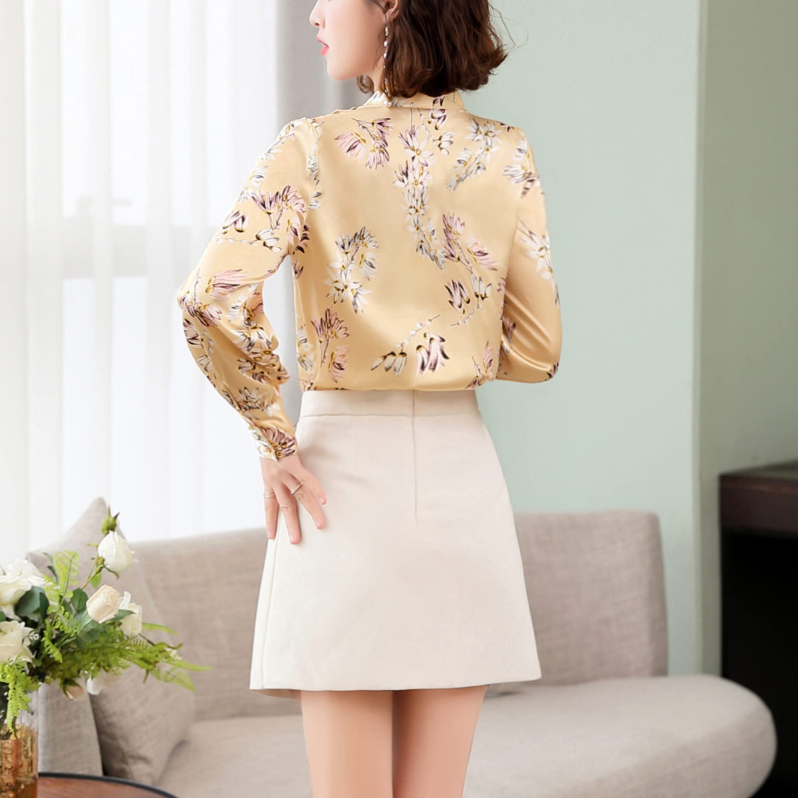 E-girl Blusa de seda para mujer con estampado de puente, blusa de manga larga con cuello en V, blusa de seda,S1922