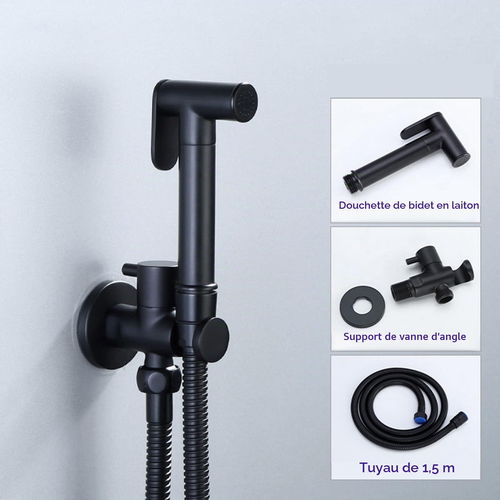 Douchette Toilette WC, Kit Douchette WC avec Tuyau et Support Mural Noir Bidet Toilette Douchette Portatif Eau Froide Laiton pour L'hygiène Personnelle Quotidienne Nettoyage