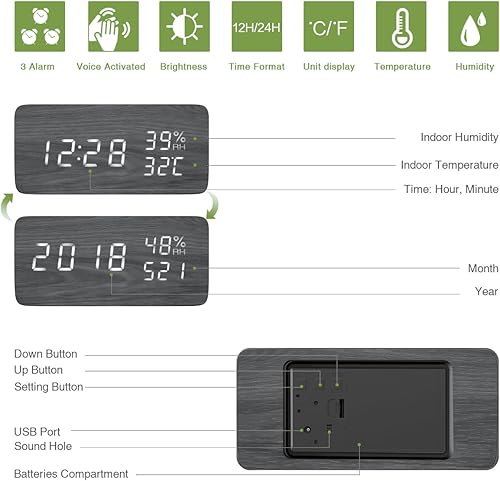 Miniatura 2 de KeeKit Reloj despertador digital de madera, reloj de escritorio LED electrónico con pantalla de temperatura y humedad, 3 ajustes de alarma, control