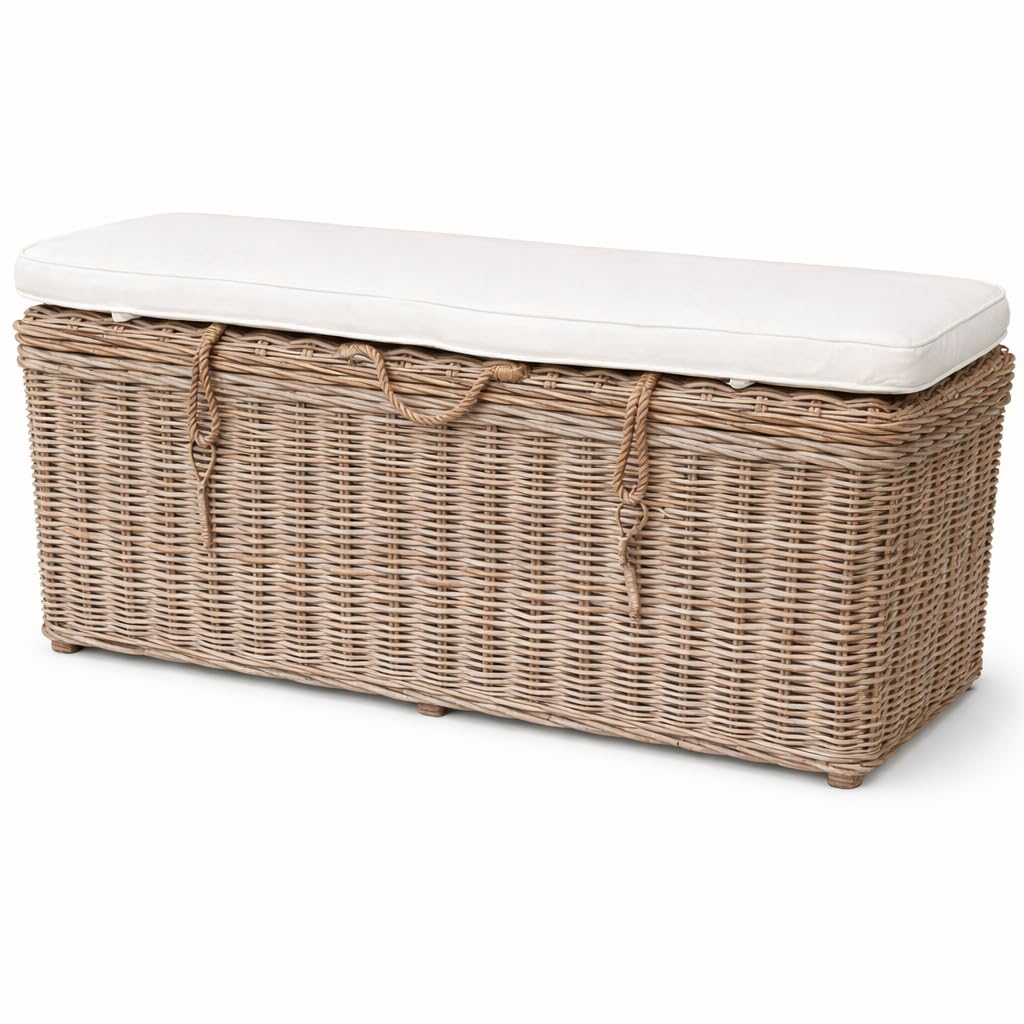Landhaus Truhenbank Sylt aus Natur-Rattan mit gepolsterter Sitzauflage, Sitzbank mit Stauraum, 120 x 52 x 44 cm, Flurbank im Landhausstil
