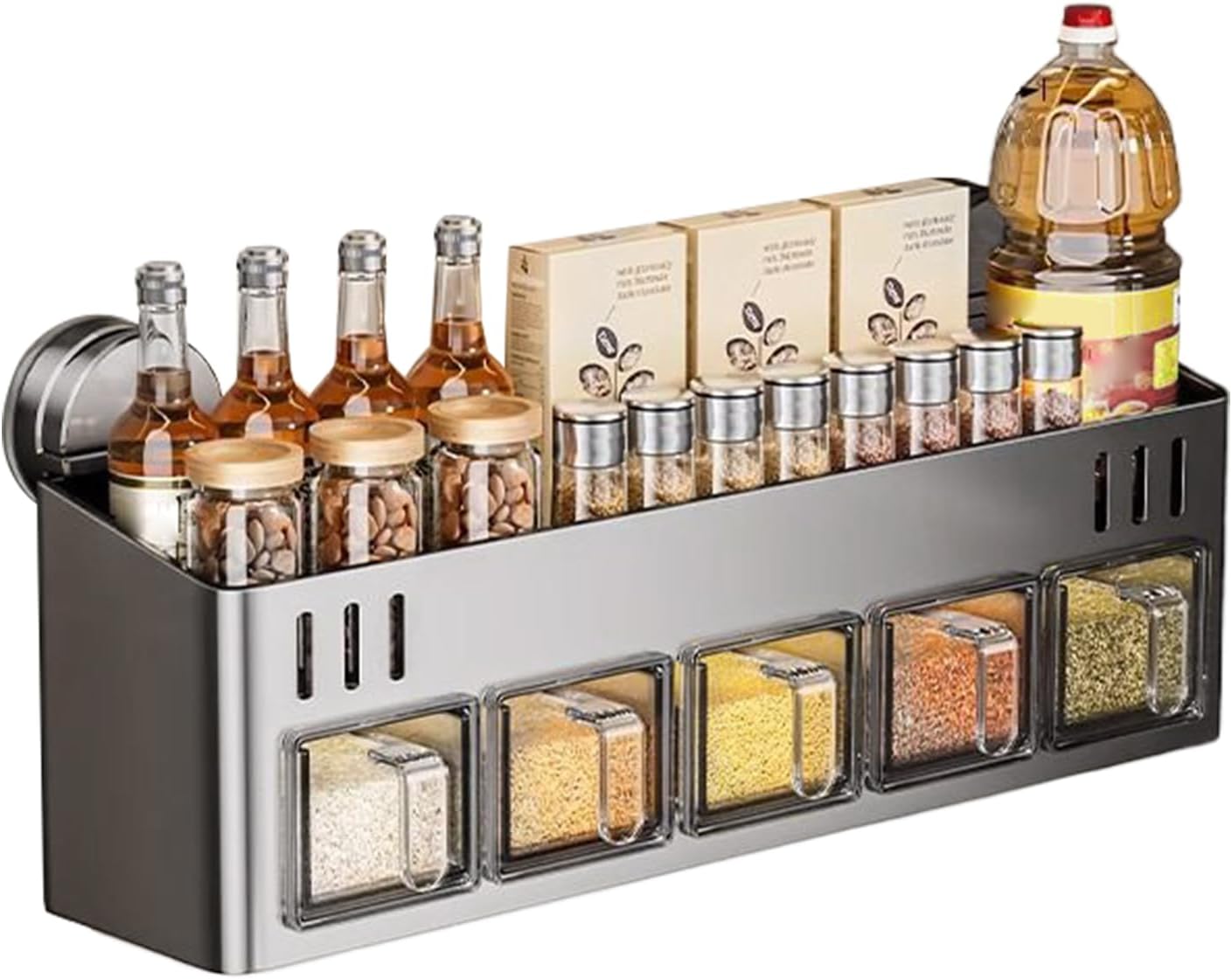 キッチンシーズニングラック、2層ウォールラック調味料コンテナ | 穴を開ける必要なし 省スペース ウォールジャーボトルディスプレイ整