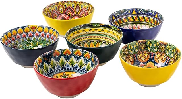 Henten Home Soup Bowl, Set of 6 Bowls, Ceramic Bowl - 360 ml, Dessert Bowl for Muesli, Salad, Soup, Cornflakes, Breakfast, Bohemian Style Table Service - Multi-Coloured