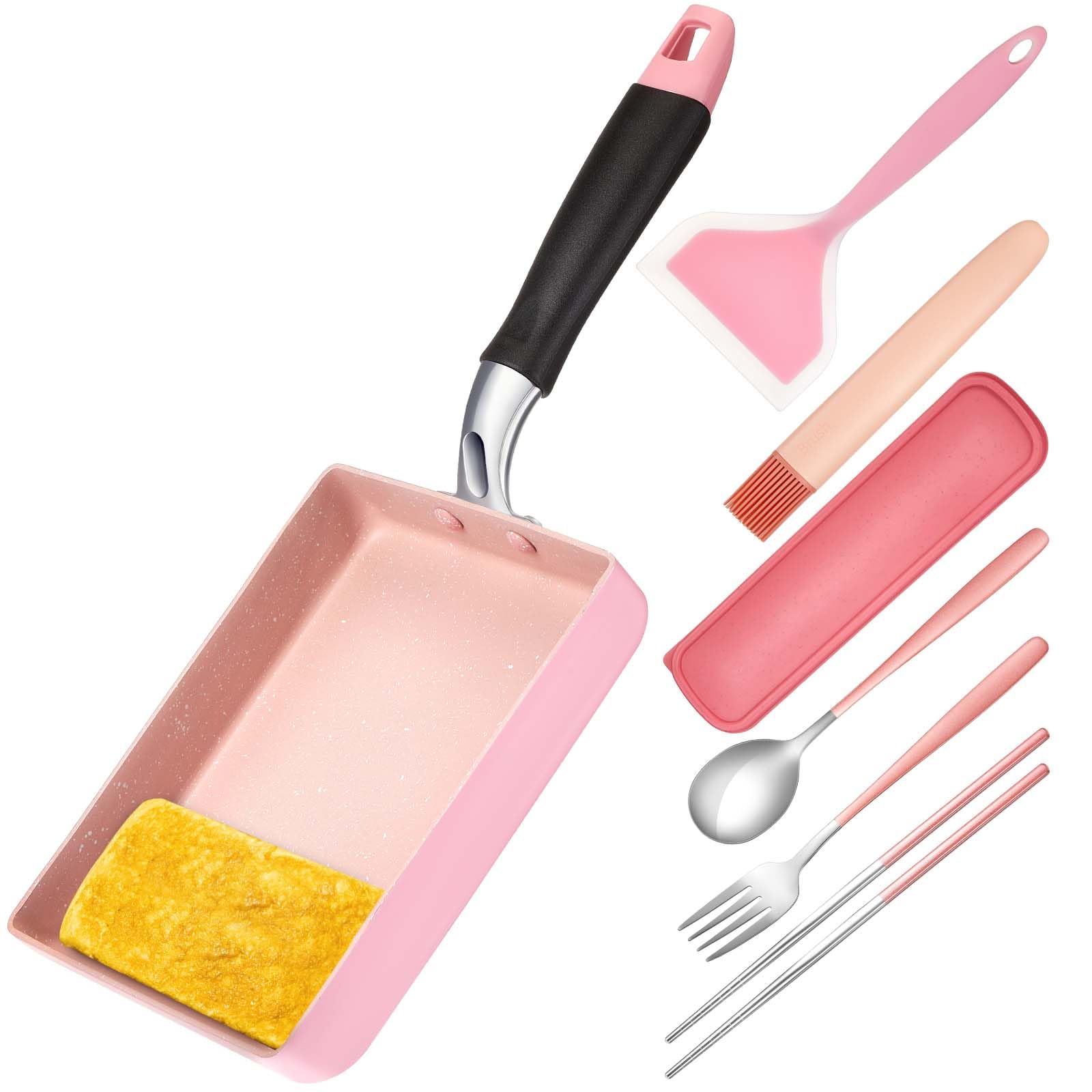 7 Pcs Tamagoyaki Pan Set 7''x 5''Japanese Omelette Pan Nonstick Pink Tamago Pan Rectangle Frying Pan with Silicone Spatula and Brush and Stainless Steel Cutlery