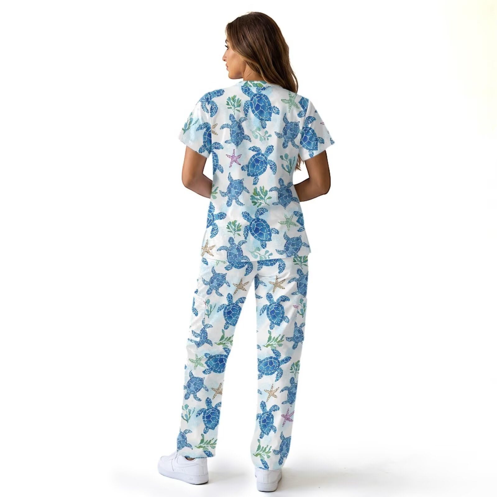 Sea Turtle - Conjunto de ropa quirúrgica para mujer, suave, de fácil cuidado, y pantalones altos con 6 bolsillos, ropa quirúrgica de talla grande para mujer, ropa de trabajo, color azul