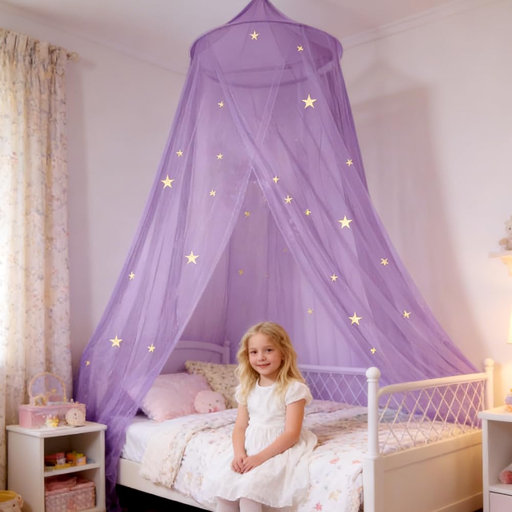 Spiritzohic Bed Canopy for Kids, Round Mosquito Net with Glowing Stars Kids Bed Curtains Bedroom Tent Room Decoration for Kid Bedroom Accessories Mosquito Net Suitable Beds 1.5M-1.8M(Purple)