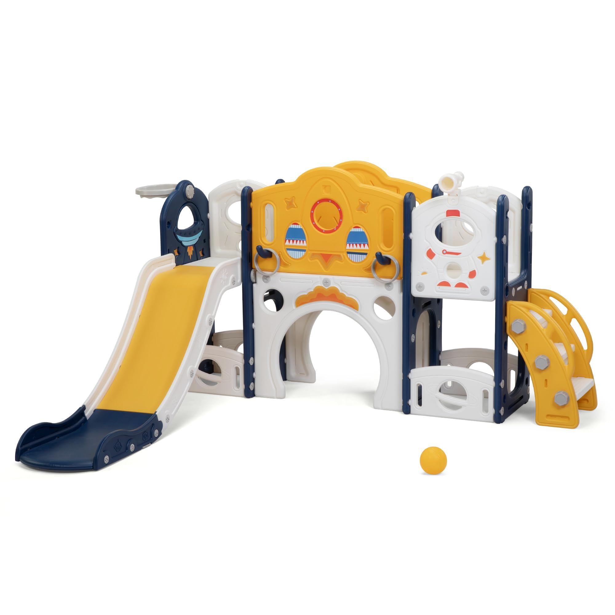 9-in-1 Toddler Slide with Climbing Ladder,Tunnel and Basketball Hoop, Indoor Outdoor Slide Set for Kids, Children's Play Equipment,Gifts for Kids Girls Boys Teen Ages 1-6 (Yellow Rocket)