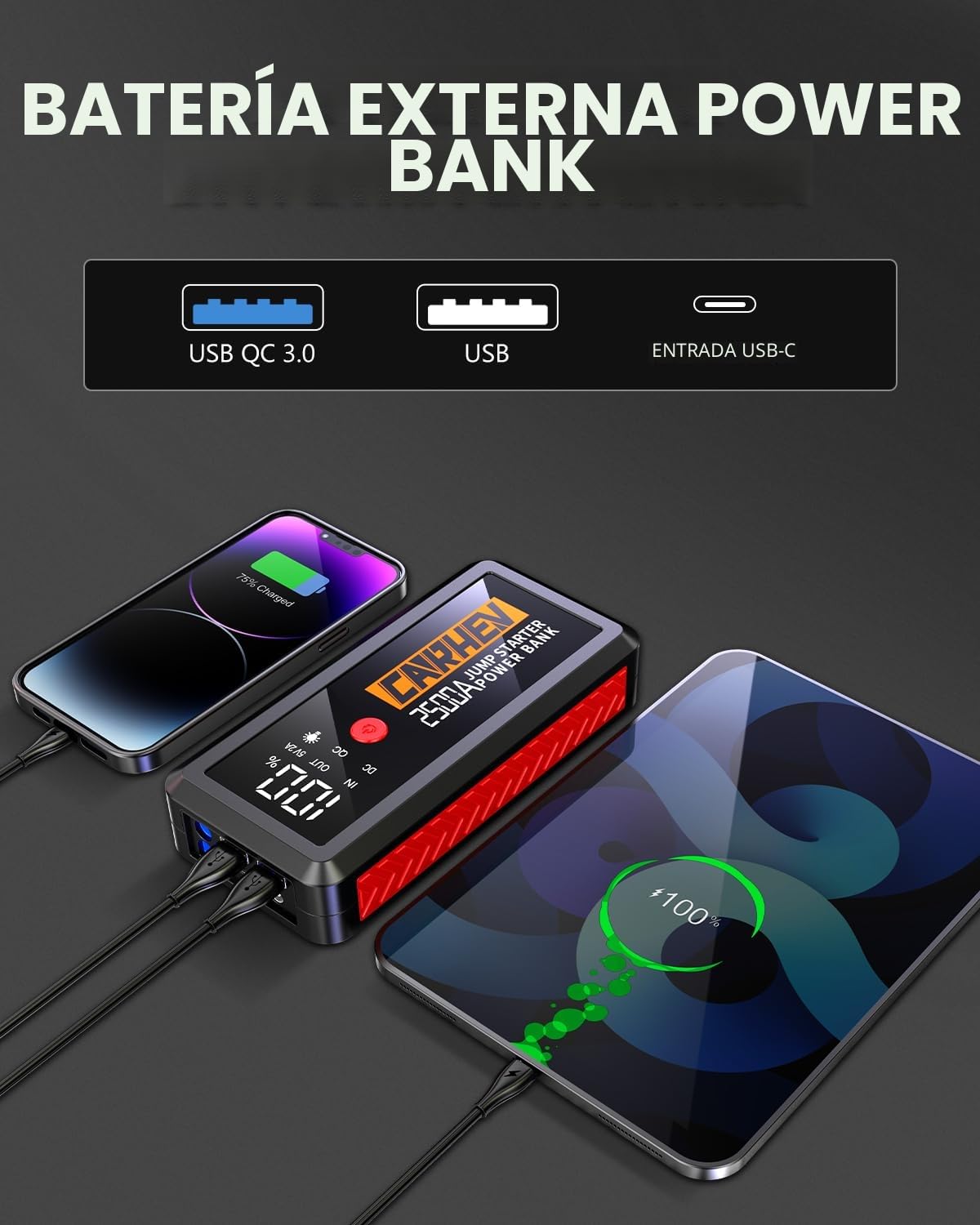 CARHEV Arrancador de Coches, 5000A Arrancador de Baterias de Coche (para 8.0L de Gasolina o 8.0L de Diésel) 12V Booster Jump Starter con Pantalla LCD, Linterna LED, Clips de Seguridad Inteligentes