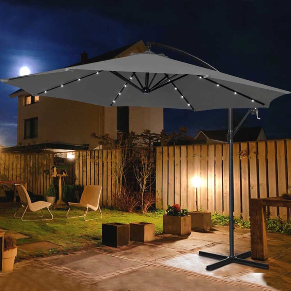 BAKAJI Ombrellone da Giardino Terrazzo con Luce 32 LED e Pannello Solare Dimensioni 3x3 Mt Richiudibile Palo Laterale Decentrato Acciaio Base Croce in Tessuto Anti UV
