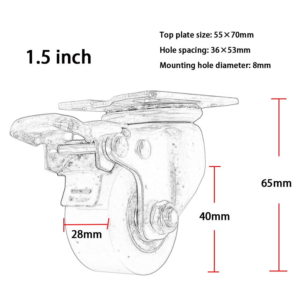Wytrzymałe koła skrętne, 1,5 cala, 2 cale, uniwersalne, obrotowe, z hamulcem, rdzeń żeliwny 40 mm/50 mm, do wózków, 4 szt. - 600 kg (1,5 cala, 40 mm)