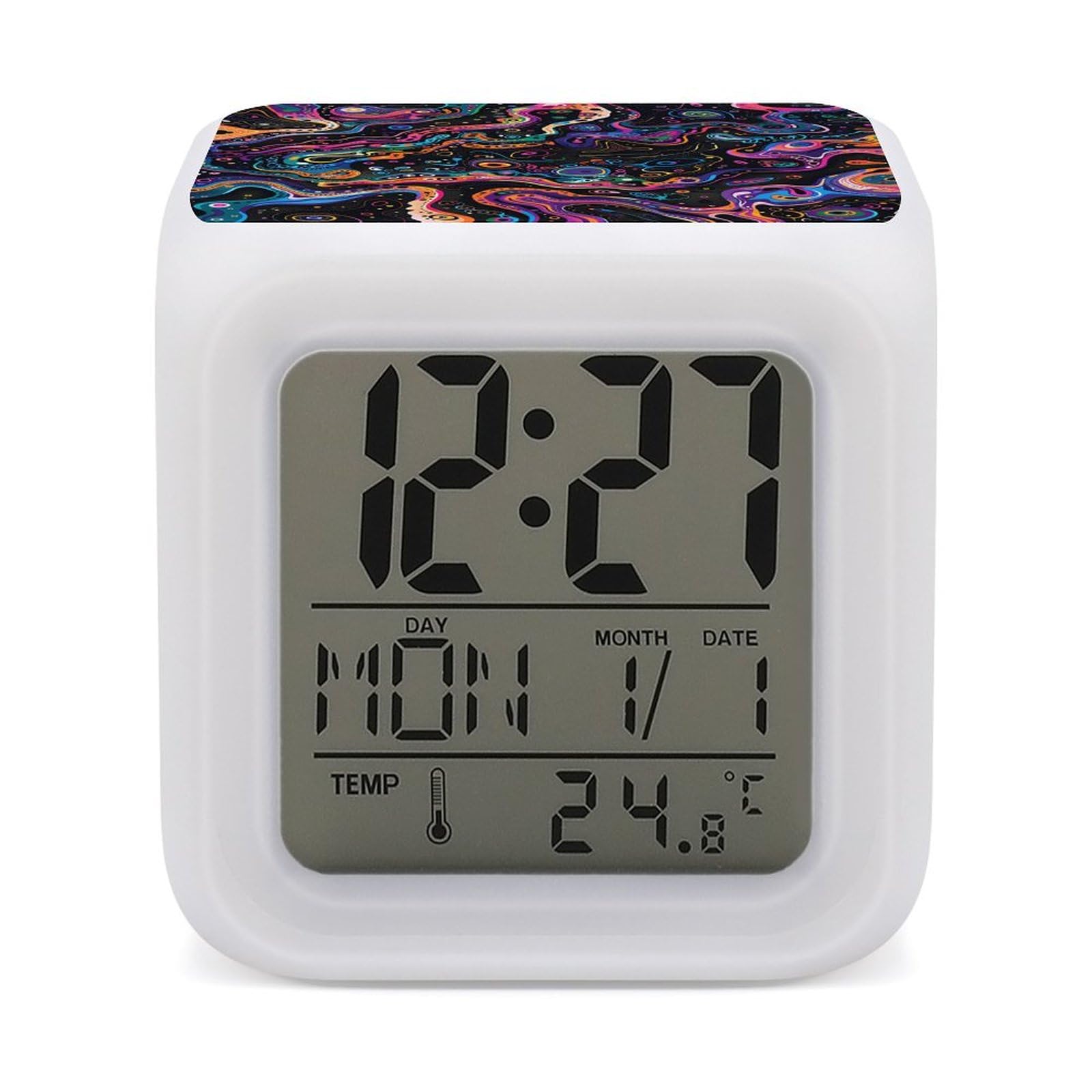 JTREHY 7 Color Changing LED Digital Alarm Clock,Various Shapes of Colors Printed Wake-up Clock with Temperature Display Home Decoration Alarm Clock for Bedroom Office