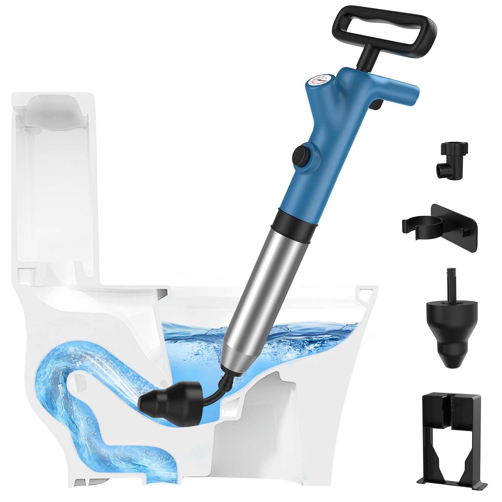 Granarbol Déboucheur de toilettes haute pression et déboucheur d'air avec jauge en temps réel, tarière robuste pour toilettes, éviers et canalisations Bleu