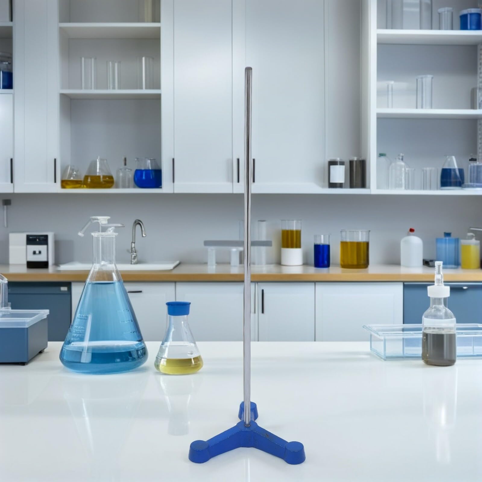 Robustes Laborstativ mit 110mm Eisenfuß Dreibein Stativ und Metall Glaswarenständer für Stabile Laborunterstützung bei Chemie und Biologielaboren